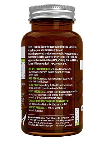 Pure & Essential Aceite de Pescado Salvaje Omega-3 410 mg EPA y 250 mg DHA por cápsula y Vitamina D3, sabor a limón, 60 cápsulas