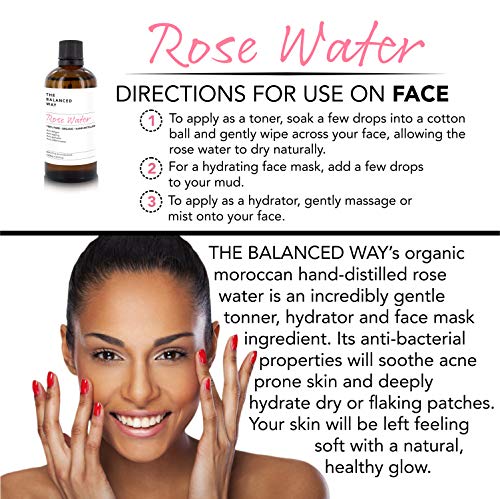 Puro agua de rosas - 100% orgánico, para el rostro, cuerpo y cabello – Hecho en Marruecos, triplemente purificado, sin alcohol – Antiarrugas con propiedades antiinflamatorias relajantes (100ml)