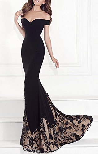 Queen Diana Mujer Fuera del Hombro Maxi Largo Noche Paseo Vestir Bordado Sirena Fiesta Formal Cóctel Vestidos (Negro, Large)