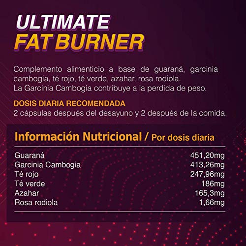 Quemagrasas, termogénico, saciante del apetito y estimulante del metabolismo | Con garcinia cambogia + té verde + guaraná + té rojo | Fórmula adelgazante eficaz | Ingredientes naturales | 90 cápsulas