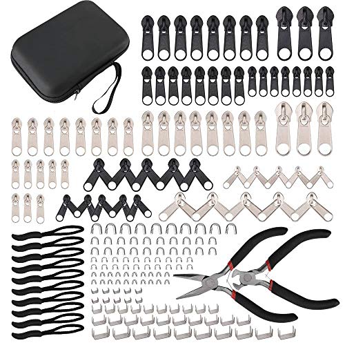 Queta Juego de Reparación de Cremallera con Caja de Almacenamiento, Juego de Repuesto con Cremallera Deslizante con alicates de instalación para Bolsas de Ropa, Vaqueros