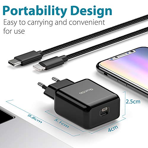 Quntis 18W Cargador Rapido de iPhone+ 2M USB C a Lightning Cable, Certificado MFi Tipo C Adaptador de Corriente USB con QC 3.0 y PD 3.0 para iPhone SE 2020 11 11Pro X XR XS MAX 8 Plus iPad Pro