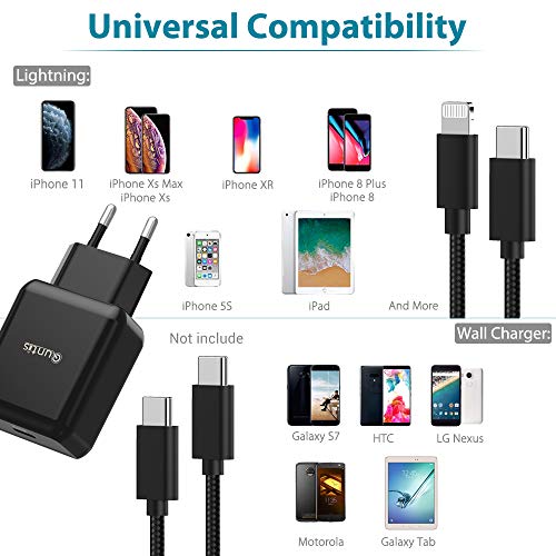 Quntis 18W Cargador Rapido de iPhone+ 2M USB C a Lightning Cable, Certificado MFi Tipo C Adaptador de Corriente USB con QC 3.0 y PD 3.0 para iPhone SE 2020 11 11Pro X XR XS MAX 8 Plus iPad Pro