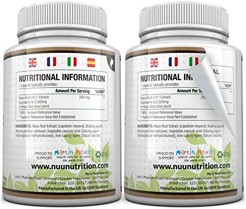 Raíz de Maca | 2500 mg 2500mg extracto de Maca Andina | 180 Cápsulas (Suministro para 6 Meses) | Complemento alimenticio de Nu U Nutrition