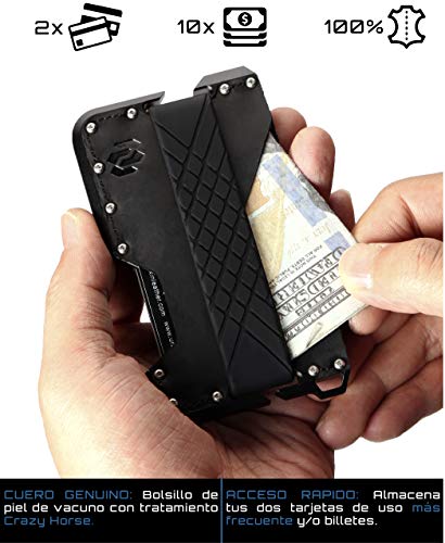 Rango Elegance: Cartera Tarjetero Hombre Minimalista de Piel y Metal (Aluminio) con Protección Antirrobo (Bloqueo RFID/NFC) Carteras Pequeñas y Compactas para 8 Tarjetas Diseñadas en España