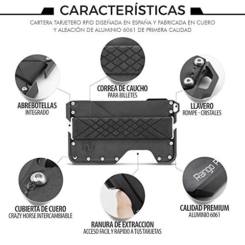 Rango Elegance: Cartera Tarjetero Hombre Minimalista de Piel y Metal (Aluminio) con Protección Antirrobo (Bloqueo RFID/NFC) Carteras Pequeñas y Compactas para 8 Tarjetas Diseñadas en España