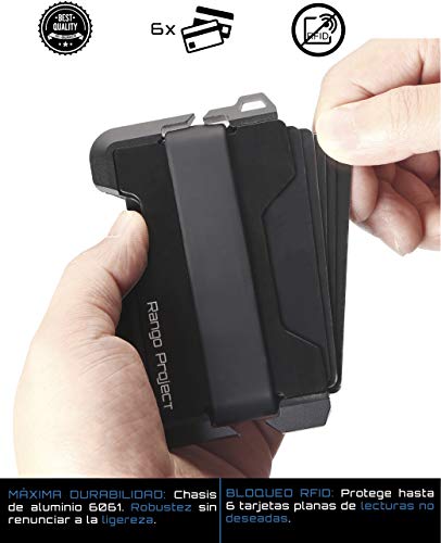 Rango Elegance: Cartera Tarjetero Hombre Minimalista de Piel y Metal (Aluminio) con Protección Antirrobo (Bloqueo RFID/NFC) Carteras Pequeñas y Compactas para 8 Tarjetas Diseñadas en España
