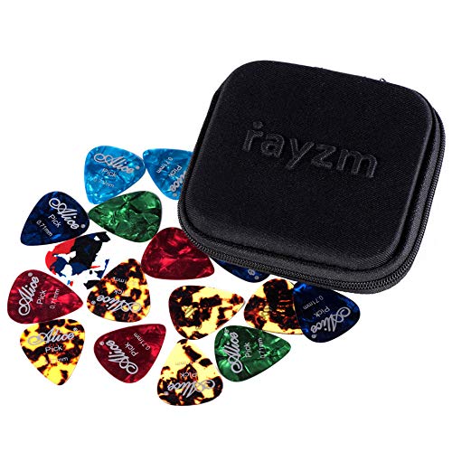 Rayzm Púas Pick Plectrums para guitarra 40 unidades con una caja resistente de almacenaje,Picks Premium de celuloide para guitarra, bajo, varios colores y 6 grosores 0,46/0,71/0,81/0,96/1,20/1,50mm