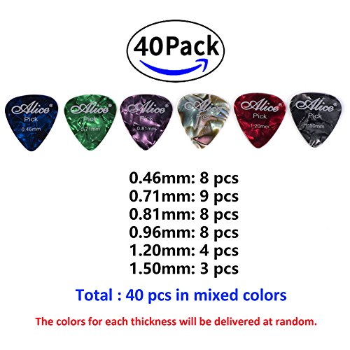 Rayzm Púas Pick Plectrums para guitarra 40 unidades con una caja resistente de almacenaje,Picks Premium de celuloide para guitarra, bajo, varios colores y 6 grosores 0,46/0,71/0,81/0,96/1,20/1,50mm