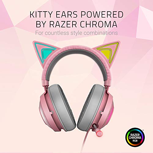 Razer Kraken Kitty Auriculares para juegos (auriculares Cat Ear con iluminación cromática RGB, micrófono con reducción de ruido activa, audio espacial THX, controles en el audífono), Quartz / Rosa