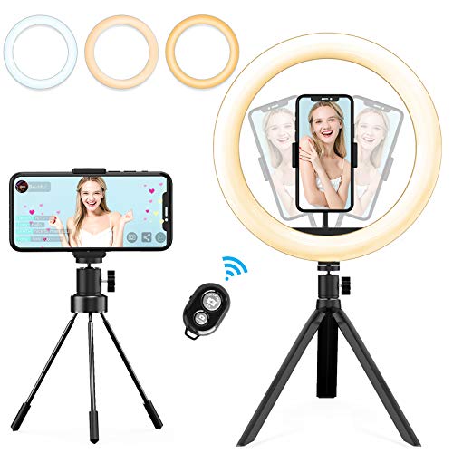 RE Anillo de luz LED 10” para Selfie con Tripode Ajustable, 3 Modos de Colores y 10 Niveles Ajustables 96 LED Brillos para Maquillaje, Youtube Video, Tiktok, Cosméticos y Fotografía Vlog Ins