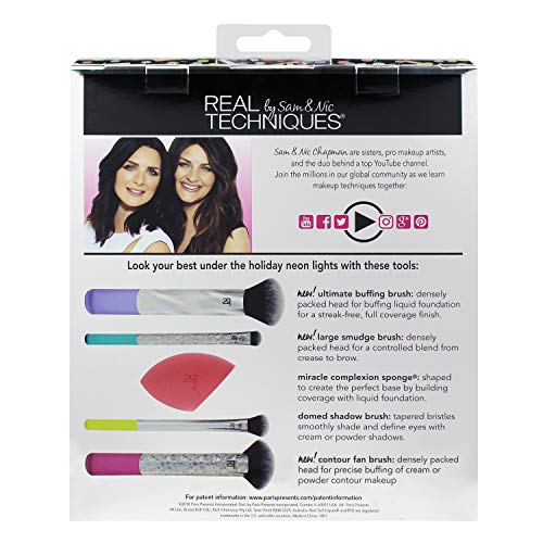Real Techniques - Juego de brochas de maquillaje con luces de neón, incluye esponja milagrosa (edición limitada 2018)