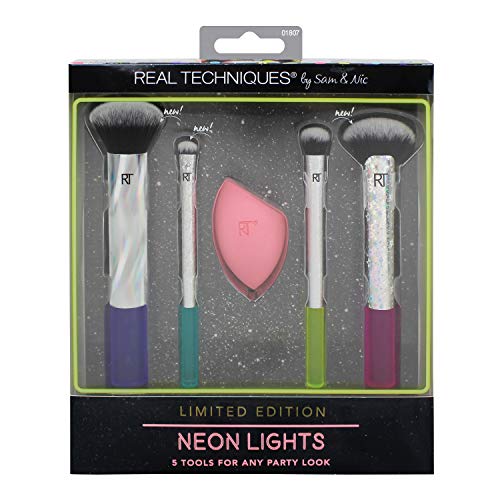 Real Techniques - Juego de brochas de maquillaje con luces de neón, incluye esponja milagrosa (edición limitada 2018)