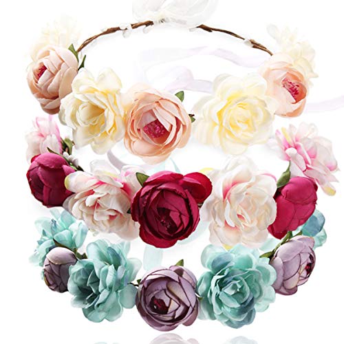 REKYO 3pcs Flor Hecha a Mano Diadema Corona Floral, Novia Corona Boda Halo Guirnalda Floral Bandas Para La Cabeza Casco Con Cinta Para Apoyos De La Foto De Fiesta De Boda