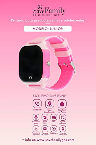 Reloj con GPS para niños SaveFamily Modelo Junior Acuático Rosa. Smartwatch con botón SOS, permite llamadas y mensajes. Resistente al agua Ip67. APP propia SaveFamily. Incluye Cargador