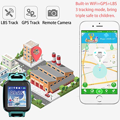 Reloj Inteligente a Prueba de Agua GPS Tracker para niños - Mire el Reloj Inteligente a Prueba de Agua con GPS LBS WiFi Localizador de teléfono con Chat de Voz Juego de cámara (S9-Azul)