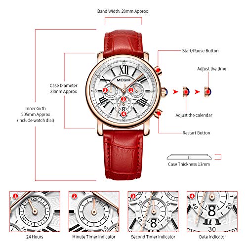 Reloj Mujer Reloj de Pulsera para Mujer (Cuarzo, Resistente al Agua, Correa de Piel auténtica) （2058 Rojo）