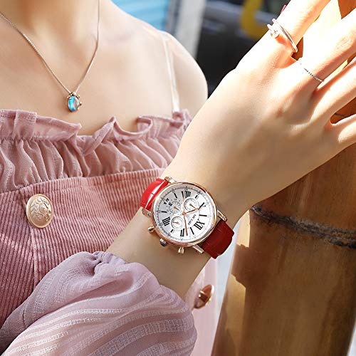 Reloj Mujer Reloj de Pulsera para Mujer (Cuarzo, Resistente al Agua, Correa de Piel auténtica) （2058 Rojo）