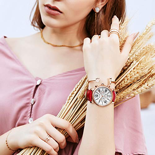 Reloj Mujer Reloj de Pulsera para Mujer (Cuarzo, Resistente al Agua, Correa de Piel auténtica) （2058 Rojo）