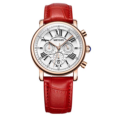 Reloj Mujer Reloj de Pulsera para Mujer (Cuarzo, Resistente al Agua, Correa de Piel auténtica) （2058 Rojo）