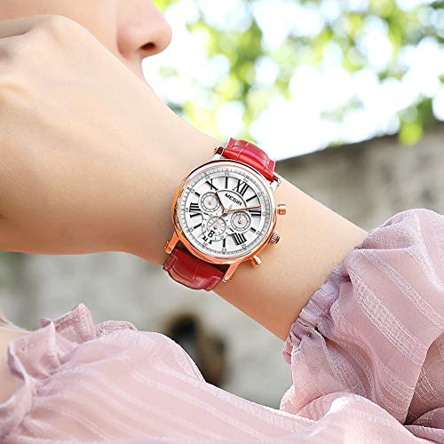 Reloj Mujer Reloj de Pulsera para Mujer (Cuarzo, Resistente al Agua, Correa de Piel auténtica) （2058 Rojo）
