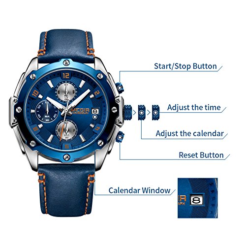 Relojes Hombres Cronógrafo Analógico Cuarzo Reloj Impermeable Deporte Reloj (Azul)