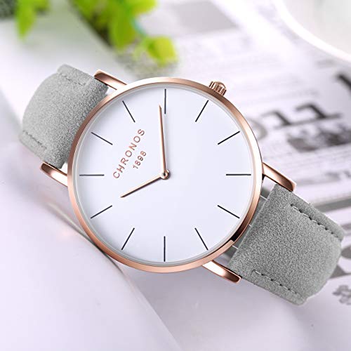 Relojes Mujer y Hombre Ultradelgado Cuero Clásico, Gris-Oro Rosa