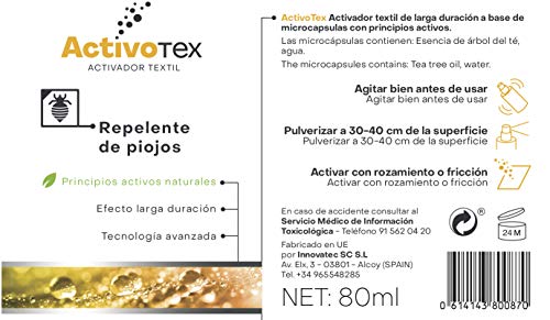 Repelente de piojos y parásitos con aceite de arbol de té ideal para la prevención de piojos | Spray antipiojos natural para niños adultos con esencia de arbol de té | 80ml | ACTIVOTEX