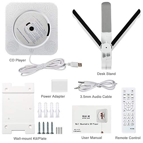 Reproductor de CD portátil, Altavoz HiFi Incorporado, Reproductor de CD de música MP3 USB con Bluetooth con Radio FM de Audio para el hogar, Conector AUX de 3,5 mm, Regalo para la Familia (White)
