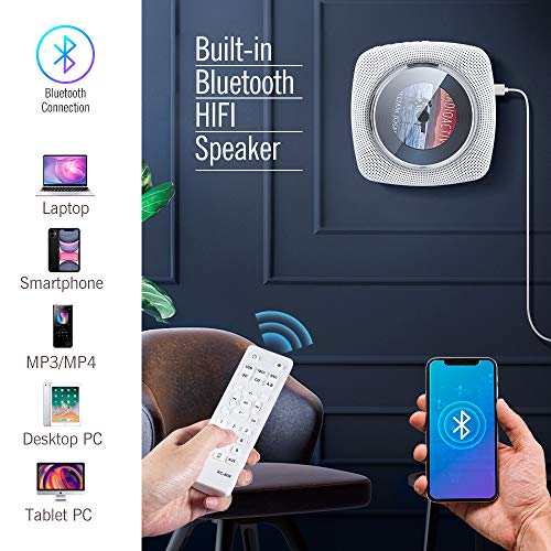 Reproductor de CD portátil con Bluetooth Altavoces de Alta fidelidad incorporados, Reproductor de música MP3 USB de Montaje en Pared, Radio FM, Jack AUX de 3.5 mm, Regalo para niños, Amigos (White)