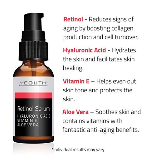 Retinol Serum 2.5% con ácido hialurónico, Aloe Vera, Vitamina E - Aumenta la producción de colágeno, Reduce arrugas, líneas finas - 1 oz - Yeouth