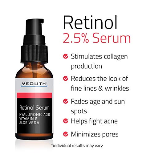 Retinol Serum 2.5% con ácido hialurónico, Aloe Vera, Vitamina E - Aumenta la producción de colágeno, Reduce arrugas, líneas finas - 1 oz - Yeouth