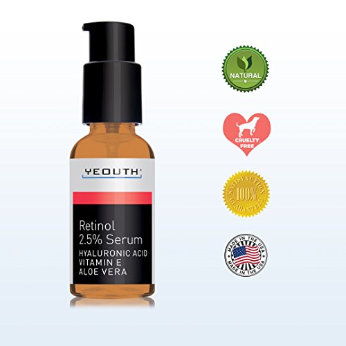 Retinol Serum 2.5% con ácido hialurónico, Aloe Vera, Vitamina E - Aumenta la producción de colágeno, Reduce arrugas, líneas finas - 1 oz - Yeouth