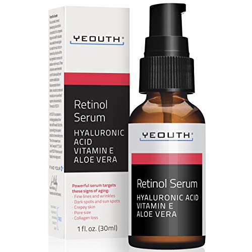 Retinol Serum 2.5% con ácido hialurónico, Aloe Vera, Vitamina E - Aumenta la producción de colágeno, Reduce arrugas, líneas finas - 1 oz - Yeouth