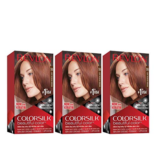 Revlon Colorsilk - Tinte permanente para el cabello con queratina, cobertura 100% gris, sin amoníaco, 55 marrón rojizo claro (paquete de 3)