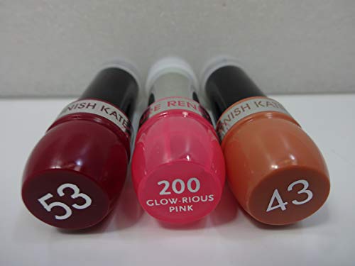 Rimmel London Lipstick x 3 Pack – 1 x Rimmel Moisture Renew Lipstick Shade 200, 2 x Rimmel Durable Finish Kate Lipstick Shade 38 & 53
