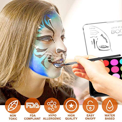 RIOGOO Kit de Pintura Facial para niños, 32 Plantillas, 24 Pinturas Grandes a Base de Agua, 2 Pinceles, Pintura Facial y Corporal, Seguro y no tóxico, para Pintar la Cara de la Fiesta de Halloween