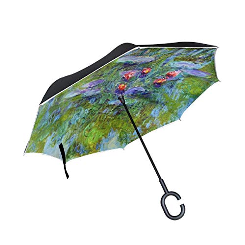 rodde Chaqueta inversa para Lluvia Pintura al Aire Libre Monet Paraguas a Prueba de Viento con Mango en Forma de C Doble Capa Invertida