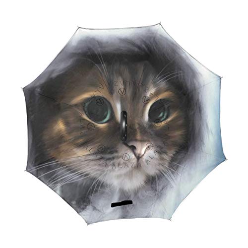 rodde para Lluvia al Aire Libre con sombrillas con Mango en Forma de C Chaqueta de Pintura al óleo Invertida Pretty Cat Invertida de Doble Capa a Prueba de Viento