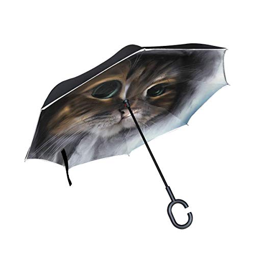 rodde para Lluvia al Aire Libre con sombrillas con Mango en Forma de C Chaqueta de Pintura al óleo Invertida Pretty Cat Invertida de Doble Capa a Prueba de Viento