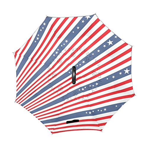 rodde Paraguas Doble Capa Invertida el 4 de Julio Día de la Independencia con Mango en Forma de C Doble Reverso para Lluvia al Aire Libre a Prueba de Viento