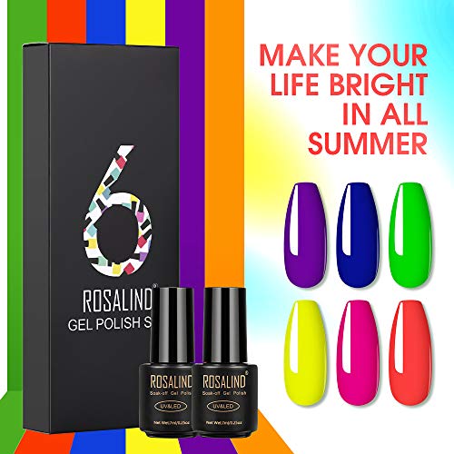 ROSALIND Esmaltes Semipermanentes de Uñas en Gel UV LED de Color Neon, 6pcs Kit de Pastel Esmaltes de Uñas 7ml