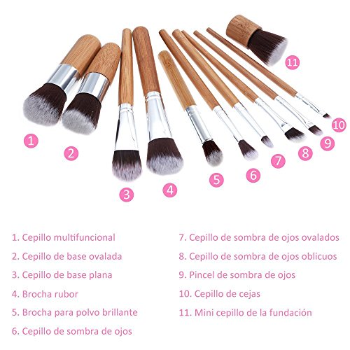 Rovtop 13 en 1, 11 Unidades Brochas y Pinceles de Maquillaje con Mango de Bambú/Juego de Cepillo de Maquillaje y Esponja para Maquillar, Incluido el Estuche