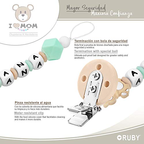 RUBY - Chupetero Personalizado para Bebé con Nombre Bola Silicona Antibacteriana con Pinza Redonda de Silicona (Beige)