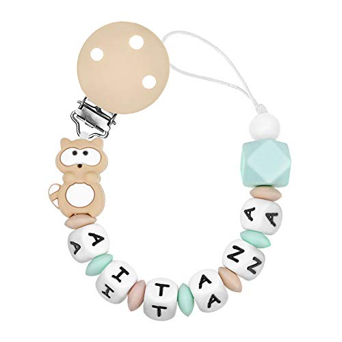 RUBY - Chupetero Personalizado para Bebé con Nombre Bola Silicona Antibacteriana con Pinza Redonda de Silicona (Beige)