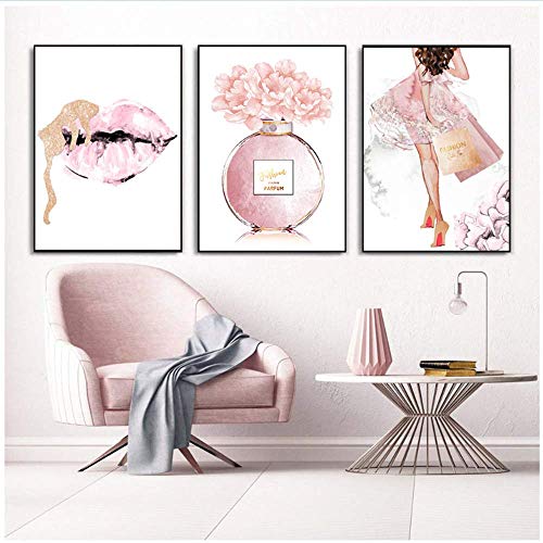 RuiChuangKeJi Impresiones para Paredes 3x40x60cm sin Marco Moda Mujer Cartel Botella de Perfume Pintura Peonía Flor Arte Labios Sexy Tacones Altos Imágenes Decoración para el hogar