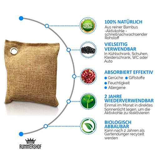 Rummershof Ambientador de bambú con carbón Activo | Filtro de Aire para el hogar, Coche, Cocina, Zapatos, refrigerador, baño. | Libre de emisiones | 100% Biodegradable