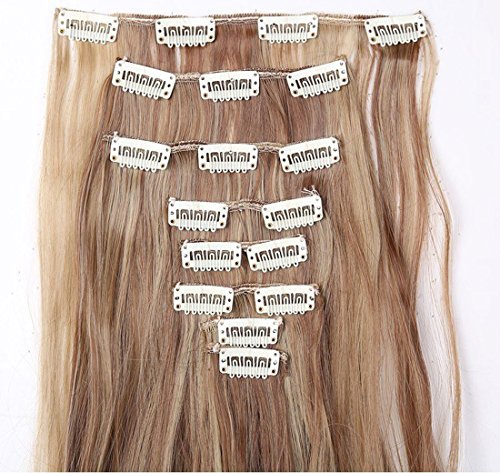 S-noilite® 24" (60 cm) extensiones de cabello cabeza completa clip en extensiones de pelo Ombre ondulado rizado - Marrón claro & ceniza rubia