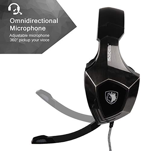SADES R7 - Auriculares para juegos audífonos USB 7.1, Audífonos estéreo para juegos superplanos con micrófono retráctil Botón EQ Bass Boost para PC y Mac, Negro y Azul