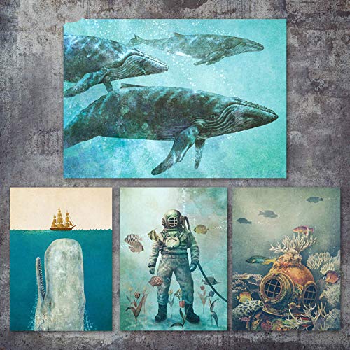Sailing Sea Submarine Diver Whale Nordic Retro Poster and Print Wall Art Canvas Decoration Wall Picture A4 21X30cm